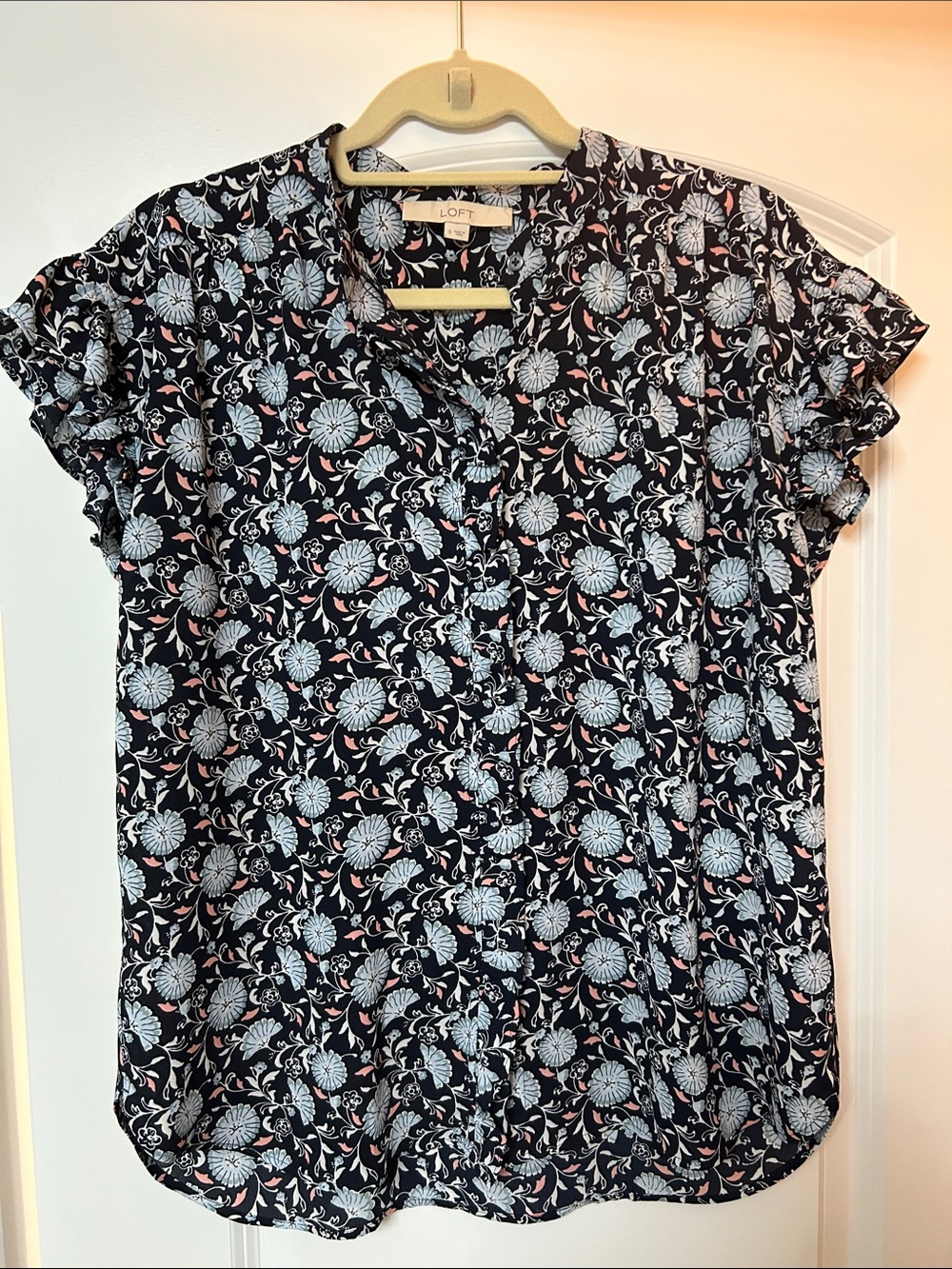 LOFT Navy Floral Short-Sleeve Ruffle-Trim Blouse